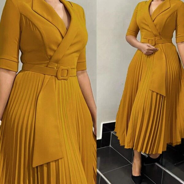 Women's 2025 fashion V-neck half-sleeve folds fake A-line dressing dress